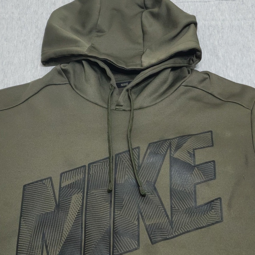 Nike Therma FIT Hoodie Mens L Olive Green Pullover Sweatshirt Distressed Gym - Picture 3 of 13